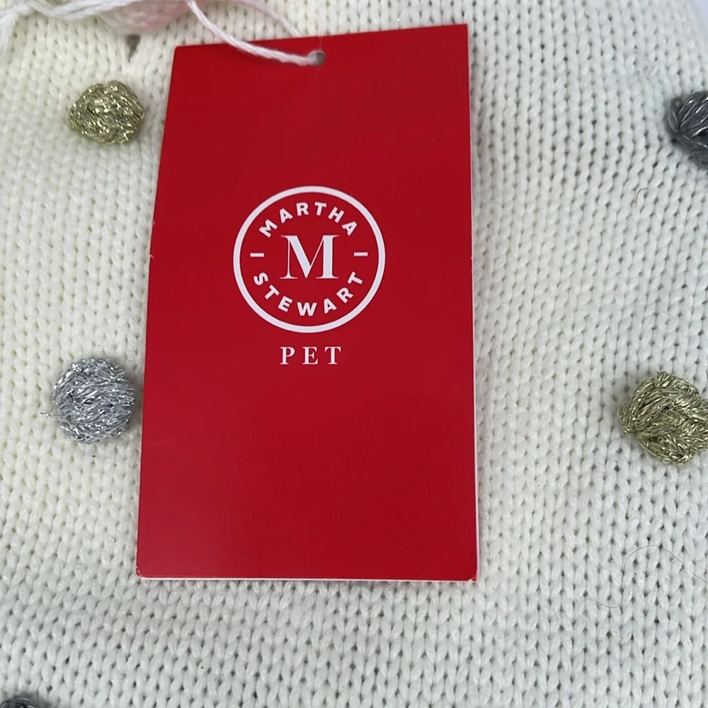 Martha Stewart Cram Ivory‎ Dog Sweater Metallic Pom Pom Hooded Festive Large